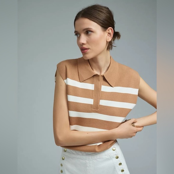 Anthropologie Maeve Tan and White Striped Sweater Vest - Picture 1 of 8